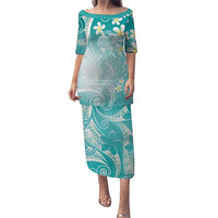 Polynesian Jellyfish Family Matching Puletasi and Hawaiian Shirt With Plumeria Teal