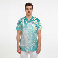 Polynesian Jellyfish Scrub Top With Plumeria Teal