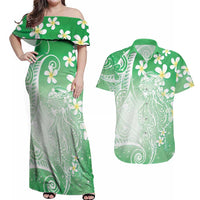 Polynesian Jellyfish Couples Matching Off Shoulder Maxi Dress and Hawaiian Shirt With Plumeria Green