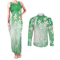 Polynesian Jellyfish Couples Matching Tank Maxi Dress and Long Sleeve Button Shirt With Plumeria Green