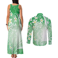 Polynesian Jellyfish Couples Matching Tank Maxi Dress and Long Sleeve Button Shirt With Plumeria Green