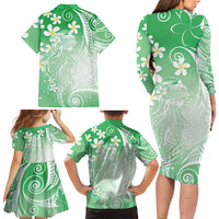 Polynesian Jellyfish Family Matching Long Sleeve Bodycon Dress and Hawaiian Shirt With Plumeria Green LT05 - Polynesian Pride
