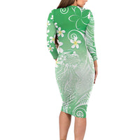 Polynesian Jellyfish Family Matching Long Sleeve Bodycon Dress and Hawaiian Shirt With Plumeria Green LT05 - Polynesian Pride