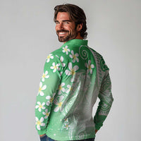 Polynesian Jellyfish Long Sleeve Polo Shirt With Plumeria Green