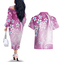 Polynesian Jellyfish Couples Matching Off The Shoulder Long Sleeve Dress and Hawaiian Shirt With Plumeria Pink