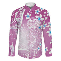Polynesian Jellyfish Family Matching Long Sleeve Bodycon Dress and Hawaiian Shirt With Plumeria Pink LT05 Dad's Shirt - Long Sleeve Pink - Polynesian Pride