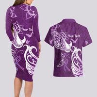 Personalised Fibromyalgia Awareness Couples Matching Long Sleeve Bodycon Dress and Hawaiian Shirt Polynesian Purple Ribbon LT05 - Polynesian Pride