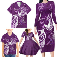 Personalised Fibromyalgia Awareness Family Matching Long Sleeve Bodycon Dress and Hawaiian Shirt Polynesian Purple Ribbon LT05 - Polynesian Pride