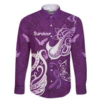 Personalised Fibromyalgia Awareness Family Matching Long Sleeve Bodycon Dress and Hawaiian Shirt Polynesian Purple Ribbon LT05 Dad's Shirt - Long Sleeve Purple - Polynesian Pride
