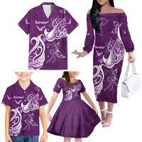 Personalised Fibromyalgia Awareness Family Matching Off The Shoulder Long Sleeve Dress and Hawaiian Shirt Polynesian Purple Ribbon LT05 - Polynesian Pride