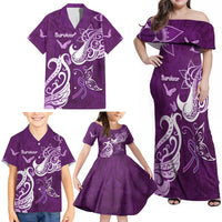 Personalised Fibromyalgia Awareness Family Matching Off Shoulder Maxi Dress and Hawaiian Shirt Polynesian Purple Ribbon LT05 - Polynesian Pride