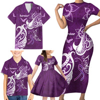 Personalised Fibromyalgia Awareness Family Matching Short Sleeve Bodycon Dress and Hawaiian Shirt Polynesian Purple Ribbon LT05 - Polynesian Pride