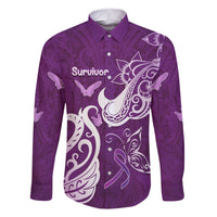 Personalised Fibromyalgia Awareness Family Matching Short Sleeve Bodycon Dress and Hawaiian Shirt Polynesian Purple Ribbon LT05 Dad's Shirt - Long Sleeve Purple - Polynesian Pride