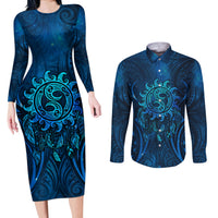 New Zealand Dream Catcher Couples Matching Long Sleeve Bodycon Dress and Long Sleeve Button Shirt Maori Koru Pattern Blue Version