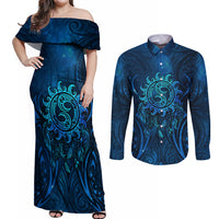 New Zealand Dream Catcher Couples Matching Off Shoulder Maxi Dress and Long Sleeve Button Shirt Maori Koru Pattern Blue Version
