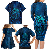 New Zealand Dream Catcher Family Matching Long Sleeve Bodycon Dress and Hawaiian Shirt Maori Koru Pattern Blue Version LT05 - Polynesian Pride
