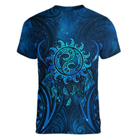 New Zealand Dream Catcher Women V-Neck T-Shirt Maori Koru Pattern Blue Version