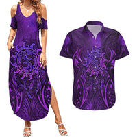New Zealand Dream Catcher Couples Matching Summer Maxi Dress and Hawaiian Shirt Maori Koru Pattern Purple Version