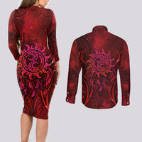 New Zealand Dream Catcher Couples Matching Long Sleeve Bodycon Dress and Long Sleeve Button Shirt Maori Koru Pattern Red Version