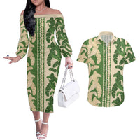 Hawaii Pua Kenikeni Lei Couples Matching Off The Shoulder Long Sleeve Dress and Hawaiian Shirt With Lau Maia Green LT05 Green - Polynesian Pride