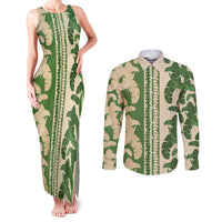 Hawaii Pua Kenikeni Lei Couples Matching Tank Maxi Dress and Long Sleeve Button Shirt With Lau Maia Green