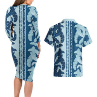 Hawaii Pua Kenikeni Lei Couples Matching Long Sleeve Bodycon Dress and Hawaiian Shirt With Lau Maia Royal Blue LT05 - Polynesian Pride