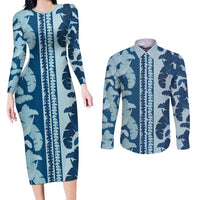 Hawaii Pua Kenikeni Lei Couples Matching Long Sleeve Bodycon Dress and Long Sleeve Button Shirt With Lau Maia Royal Blue LT05 Blue - Polynesian Pride