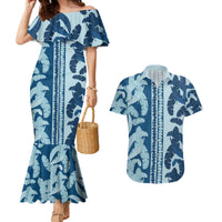 Hawaii Pua Kenikeni Lei Couples Matching Mermaid Dress and Hawaiian Shirt With Lau Maia Royal Blue LT05 Blue - Polynesian Pride