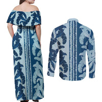 Hawaii Pua Kenikeni Lei Couples Matching Off Shoulder Maxi Dress and Long Sleeve Button Shirt With Lau Maia Royal Blue