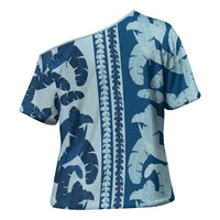 Hawaii Pua Kenikeni Lei Cross Shoulder Shirt With Lau Maia Royal Blue