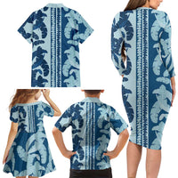 Hawaii Pua Kenikeni Lei Family Matching Long Sleeve Bodycon Dress and Hawaiian Shirt With Lau Maia Royal Blue LT05 - Polynesian Pride