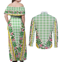 Hawaii Pikake Lokelani Plumeria Lei Couples Matching Off Shoulder Maxi Dress and Long Sleeve Button Shirt Green Palaka Motifs LT05 - Polynesian Pride
