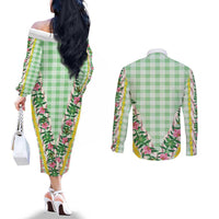 Hawaii Pikake Lokelani Plumeria Lei Couples Matching Off The Shoulder Long Sleeve Dress and Long Sleeve Button Shirt Green Palaka Motifs LT05 - Polynesian Pride