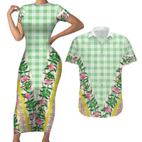 Hawaii Pikake Lokelani Plumeria Lei Couples Matching Short Sleeve Bodycon Dress and Hawaiian Shirt Green Palaka Motifs LT05 Green - Polynesian Pride
