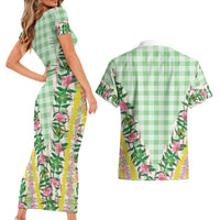 Hawaii Pikake Lokelani Plumeria Lei Couples Matching Short Sleeve Bodycon Dress and Hawaiian Shirt Green Palaka Motifs LT05 - Polynesian Pride