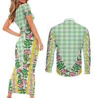 Hawaii Pikake Lokelani Plumeria Lei Couples Matching Short Sleeve Bodycon Dress and Long Sleeve Button Shirt Green Palaka Motifs LT05 - Polynesian Pride
