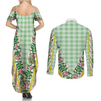Hawaii Pikake Lokelani Plumeria Lei Couples Matching Summer Maxi Dress and Long Sleeve Button Shirt Green Palaka Motifs LT05 - Polynesian Pride