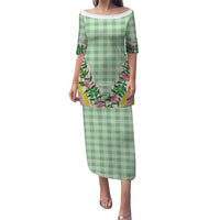 Hawaii Pikake Lokelani Plumeria Lei Family Matching Puletasi and Hawaiian Shirt Green Palaka Motifs LT05 Mom's Dress Green - Polynesian Pride