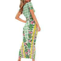 Hawaii Pikake Lokelani Plumeria Lei Family Matching Short Sleeve Bodycon Dress and Hawaiian Shirt Green Palaka Motifs LT05 - Polynesian Pride