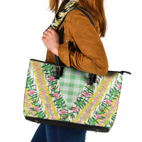 Hawaii Pikake Lokelani Plumeria Lei Leather Tote Bag Green Palaka Motifs