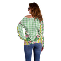 Hawaii Pikake Lokelani Plumeria Lei Off Shoulder Sweater Green Palaka Motifs