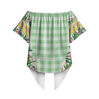 Hawaii Pikake Lokelani Plumeria Lei Off Shoulder Wrap Waist Top Green Palaka Motifs LT05 - Polynesian Pride