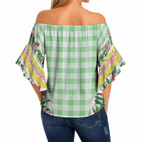 Hawaii Pikake Lokelani Plumeria Lei Off Shoulder Wrap Waist Top Green Palaka Motifs LT05 - Polynesian Pride