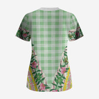 Hawaii Pikake Lokelani Plumeria Lei Scrub Top Green Palaka Motifs