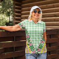 Hawaii Pikake Lokelani Plumeria Lei Women Polo Shirt Green Palaka Motifs