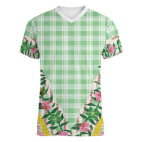 Hawaii Pikake Lokelani Plumeria Lei Women V-Neck T-Shirt Green Palaka Motifs LT05 Female Green - Polynesian Pride
