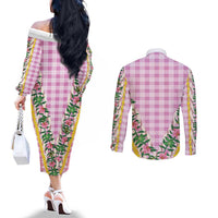 Hawaii Pikake Lokelani Plumeria Lei Couples Matching Off The Shoulder Long Sleeve Dress and Long Sleeve Button Shirt Pink Palaka Motifs LT05 - Polynesian Pride