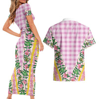 Hawaii Pikake Lokelani Plumeria Lei Couples Matching Short Sleeve Bodycon Dress and Hawaiian Shirt Pink Palaka Motifs LT05 - Polynesian Pride