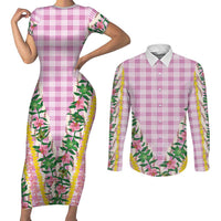 Hawaii Pikake Lokelani Plumeria Lei Couples Matching Short Sleeve Bodycon Dress and Long Sleeve Button Shirt Pink Palaka Motifs LT05 Pink - Polynesian Pride