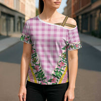 Hawaii Pikake Lokelani Plumeria Lei Cross Shoulder Shirt Pink Palaka Motifs
